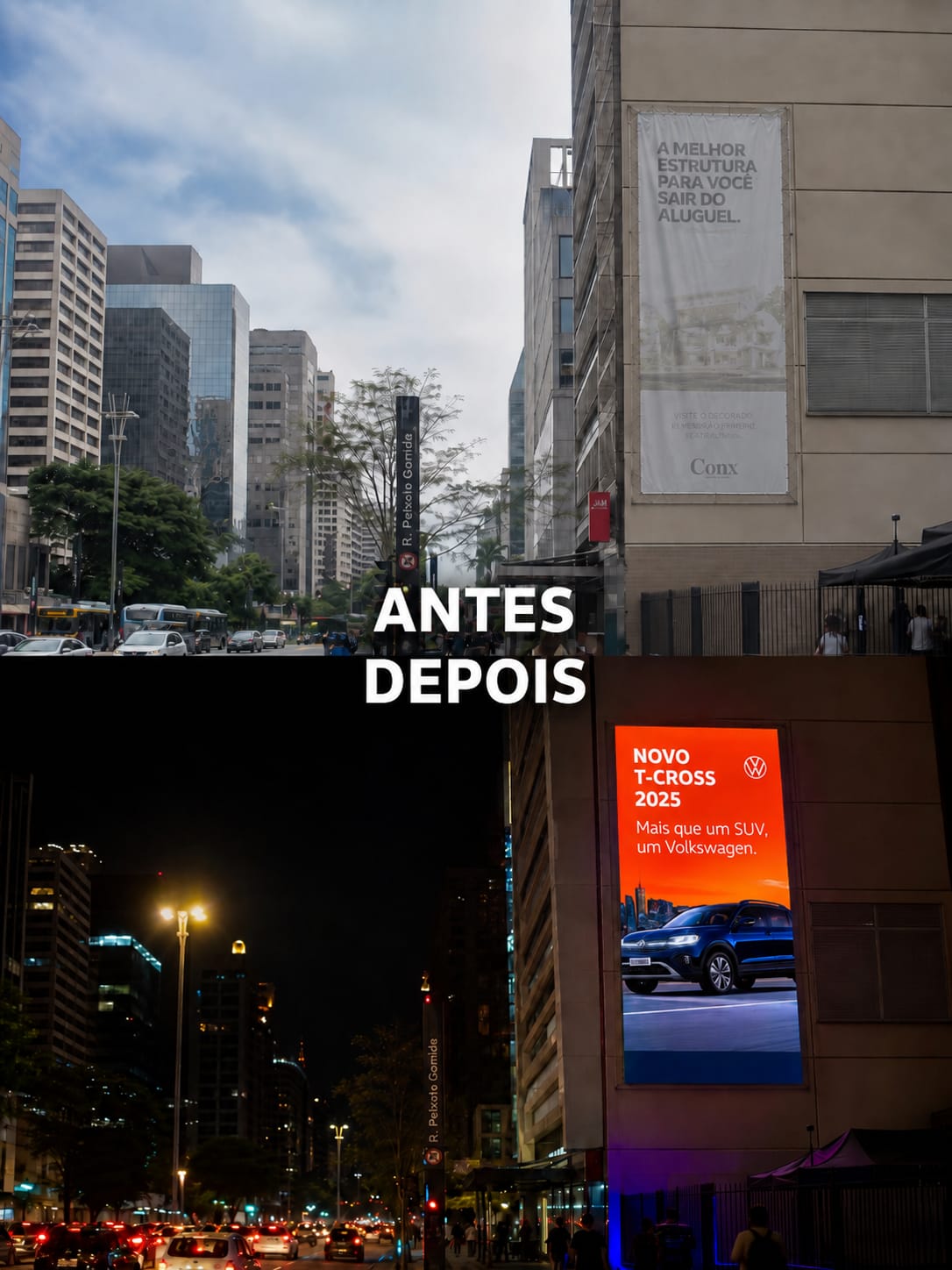 Fachada antes e depois da instalação de um painel de LED outdoor pela AF Automações